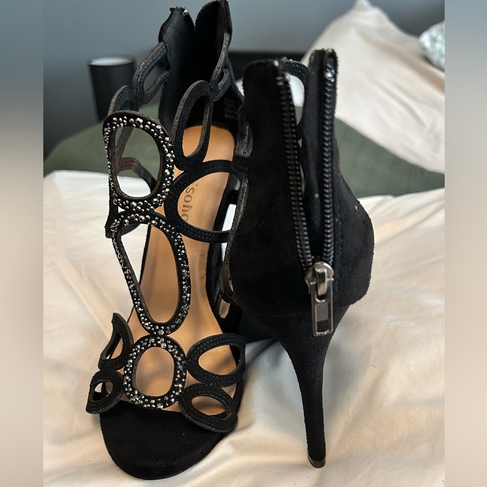 Zigi Soho Black Rhinestone Suede High Heel Sandals 3 in heel